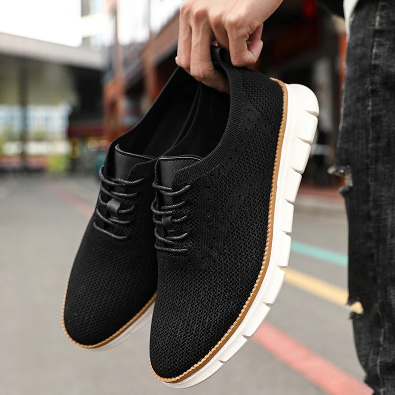 Men's knit trainers with a faux leather lace panel and a lightweight white sole - black