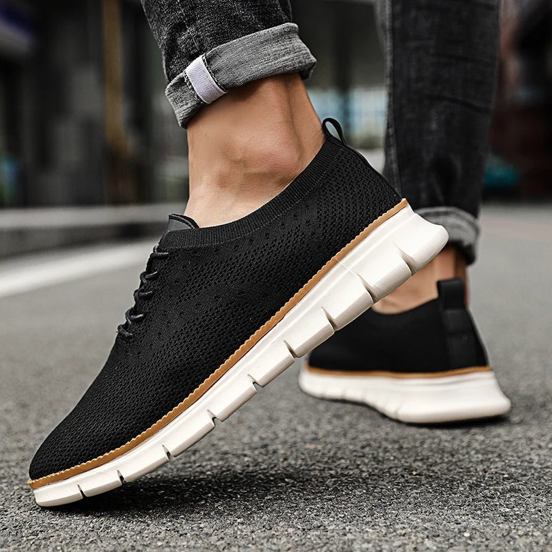Men's knit trainers with a faux leather lace panel and a lightweight white sole - view 4