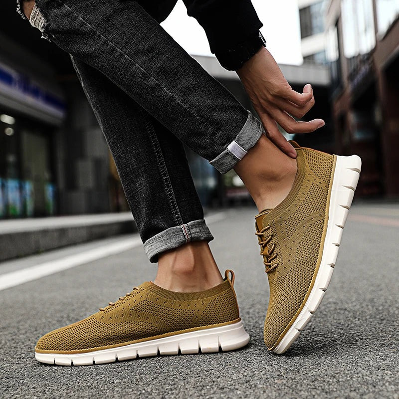 Men's knit trainers with a faux leather lace panel and a lightweight white sole - view 5