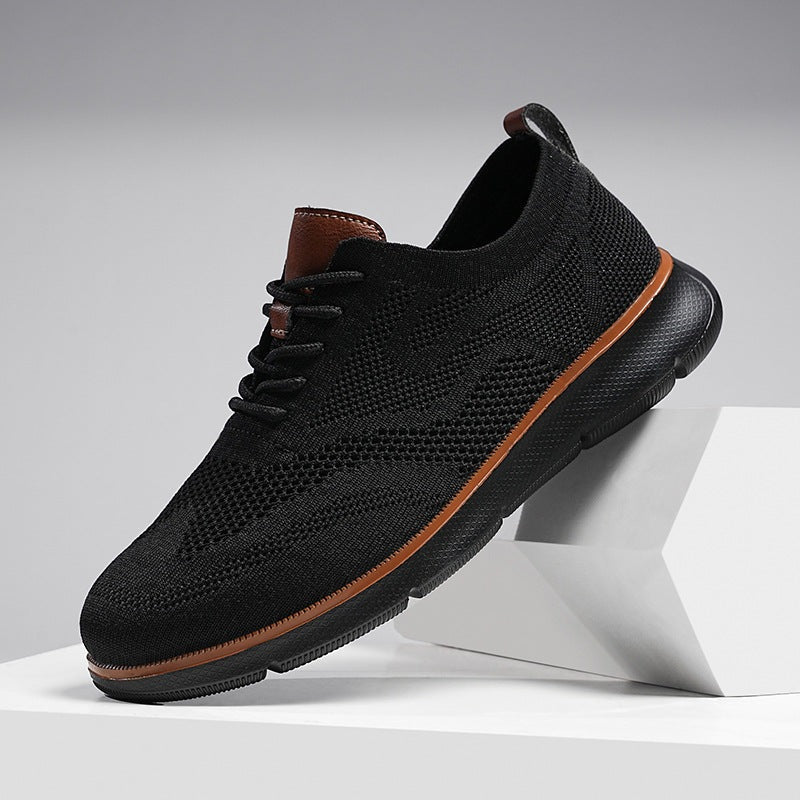Men's knit trainers with trim and heel loop in tan faux leather and a light sole - all black