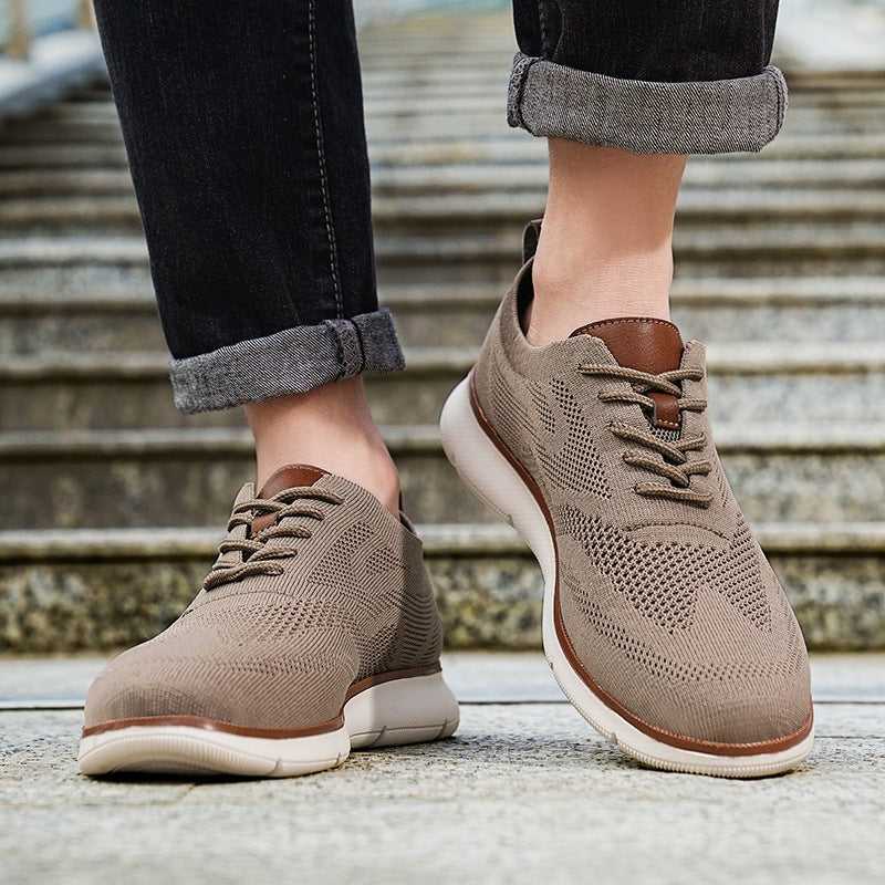 Men's knit trainers with trim and heel loop in tan faux leather and a light sole - view 6