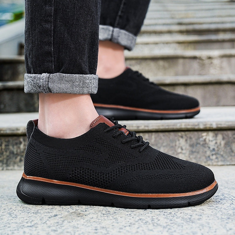 Men's knit trainers with trim and heel loop in tan faux leather and a light sole - view 9