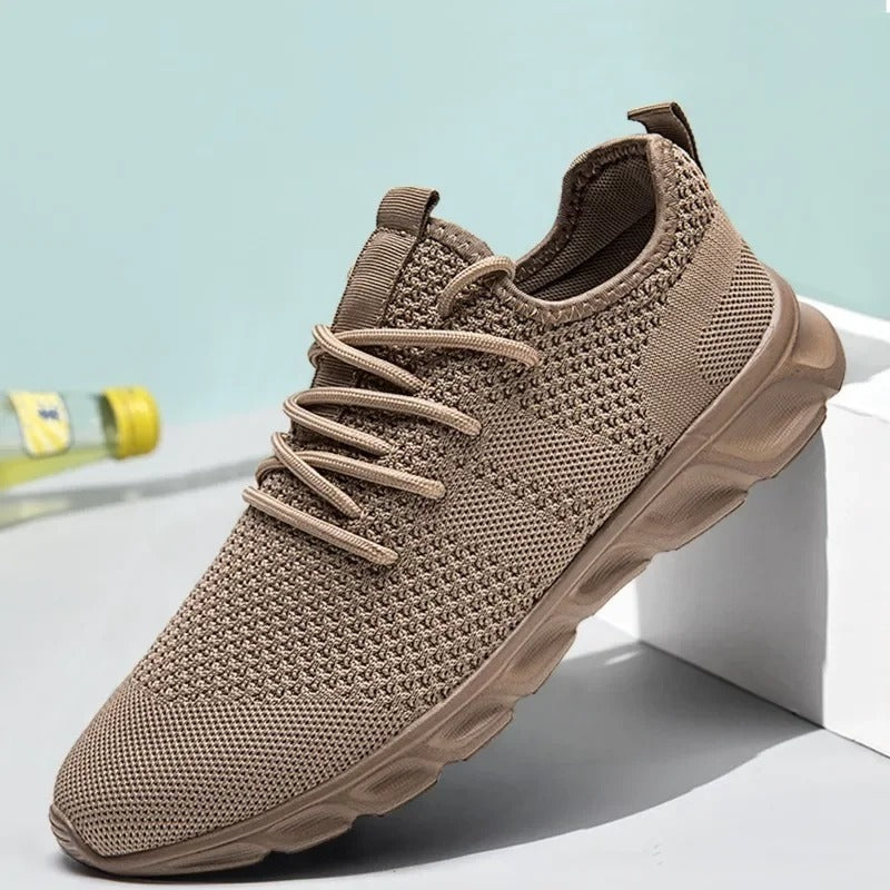 Men's knit trainers with a sock-like collar, flexible wave sole and heel loop - beige