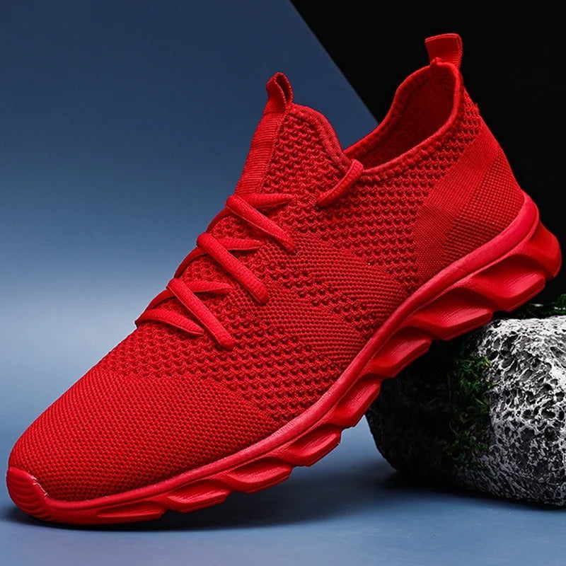 Men's knit trainers with a sock-like collar, flexible wave sole and heel loop - red