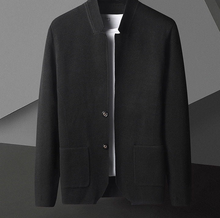 Men's knitted blazer cardigan with a stand collar and patch pockets - black