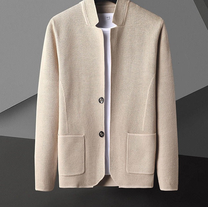 Men's knitted blazer cardigan with a stand collar and patch pockets - view 4