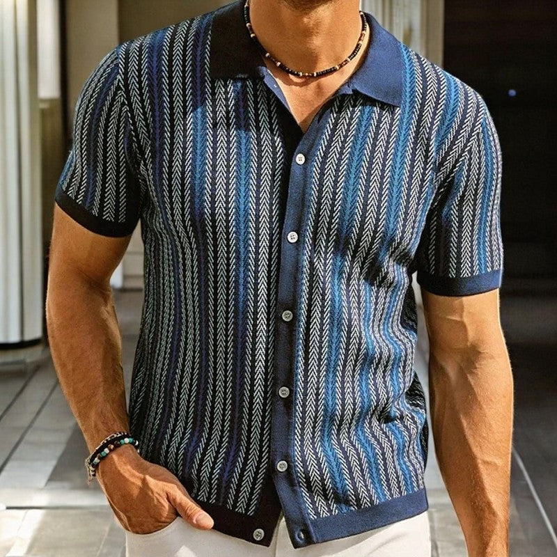 Men's knitted button-through polo with vertical herringbone stripes - navy