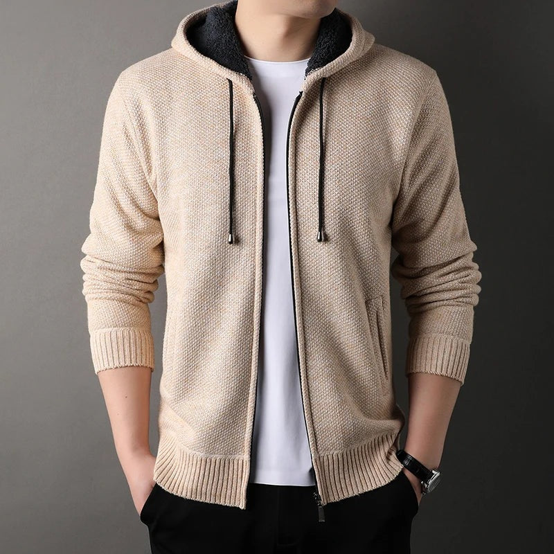 Men's knitted hooded cardigan with a zip and fleece lining - beige