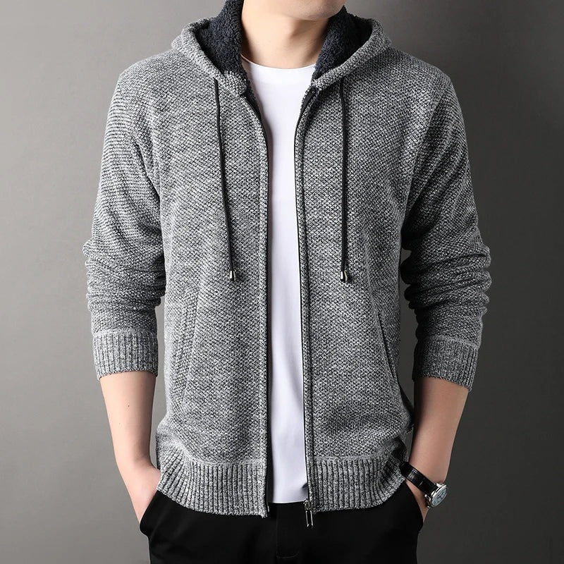 Men's knitted hooded cardigan with a zip and fleece lining - light grey