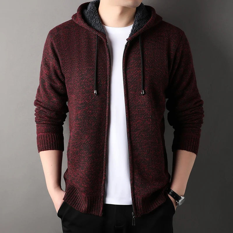 Men's knitted hooded cardigan with a zip and fleece lining - burgundy