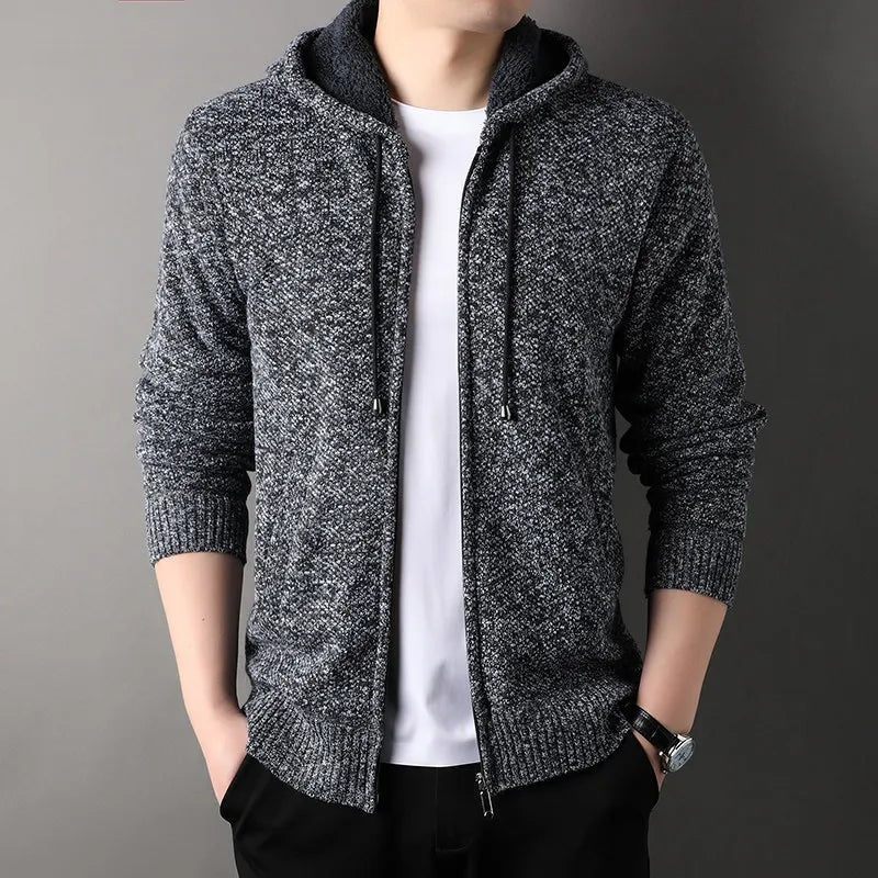 Men's knitted hooded cardigan with a zip and fleece lining - charcoal