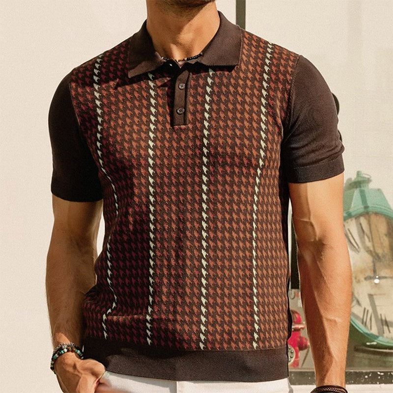 Men's knitted houndstooth polo with solid sleeves and collar