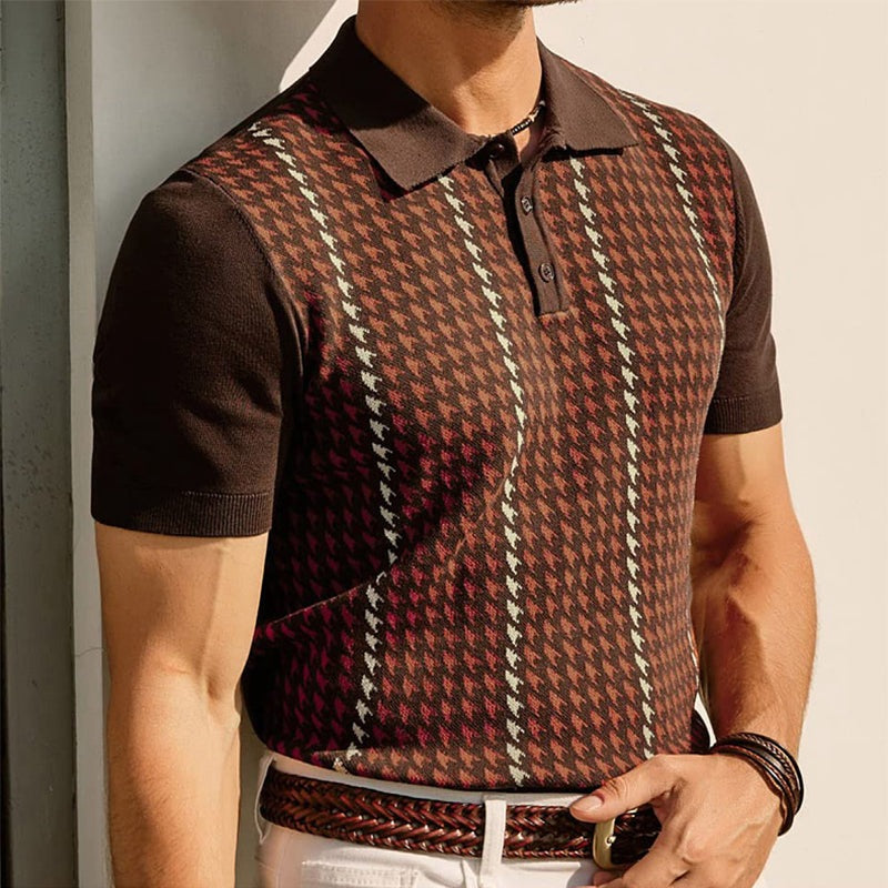 Men's knitted houndstooth polo with solid sleeves and collar - rust red
