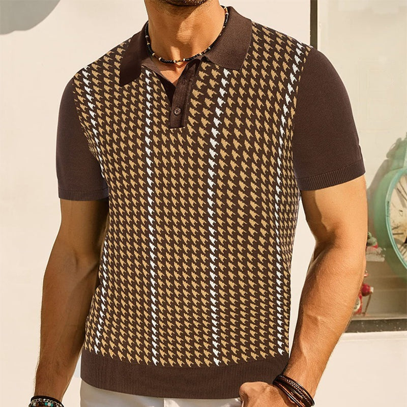 Men's knitted houndstooth polo with solid sleeves and collar - view 4