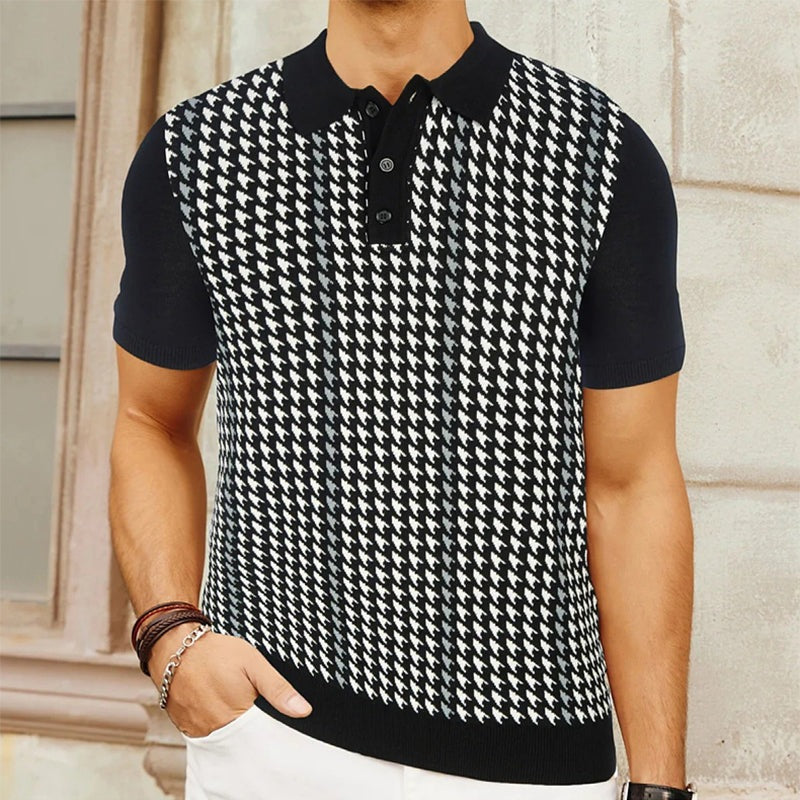 Men's knitted houndstooth polo with solid sleeves and collar - black and white