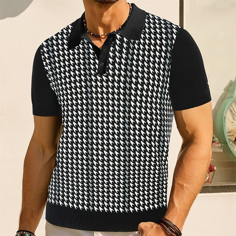 Men's knitted houndstooth polo with solid sleeves and collar - view 6