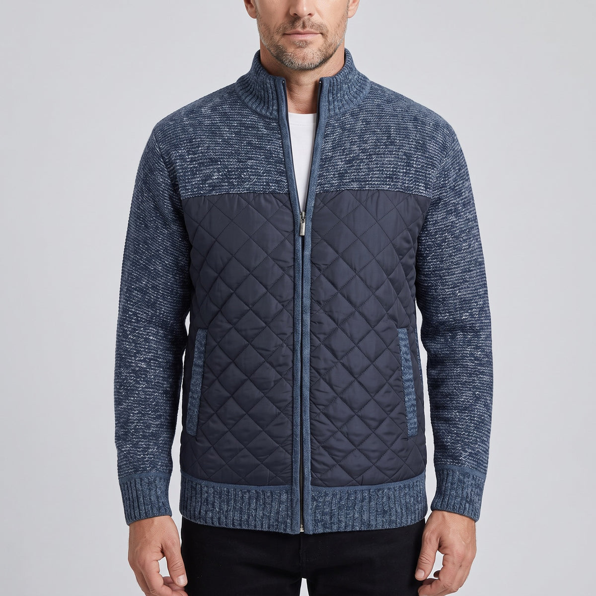 Men's knitted jacket with a quilted front and fleece lining - blue