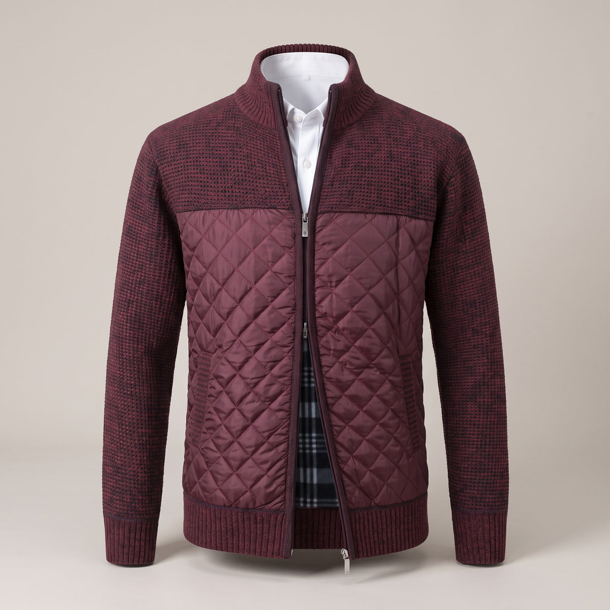 Men's knitted jacket with a quilted front and fleece lining - burgundy