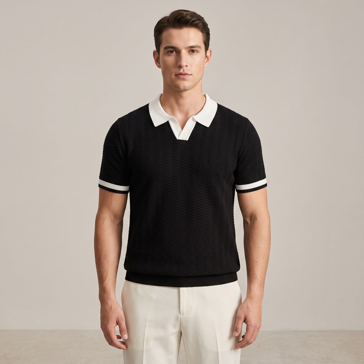 Men's knitted polo with a contrast open collar and zigzag texture - view 10