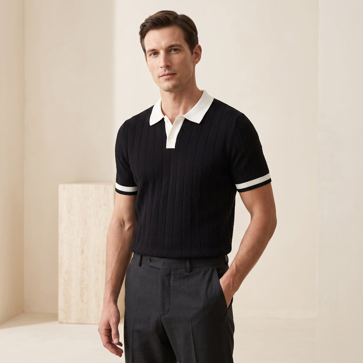 Men's knitted polo with a contrast open collar and zigzag texture - black