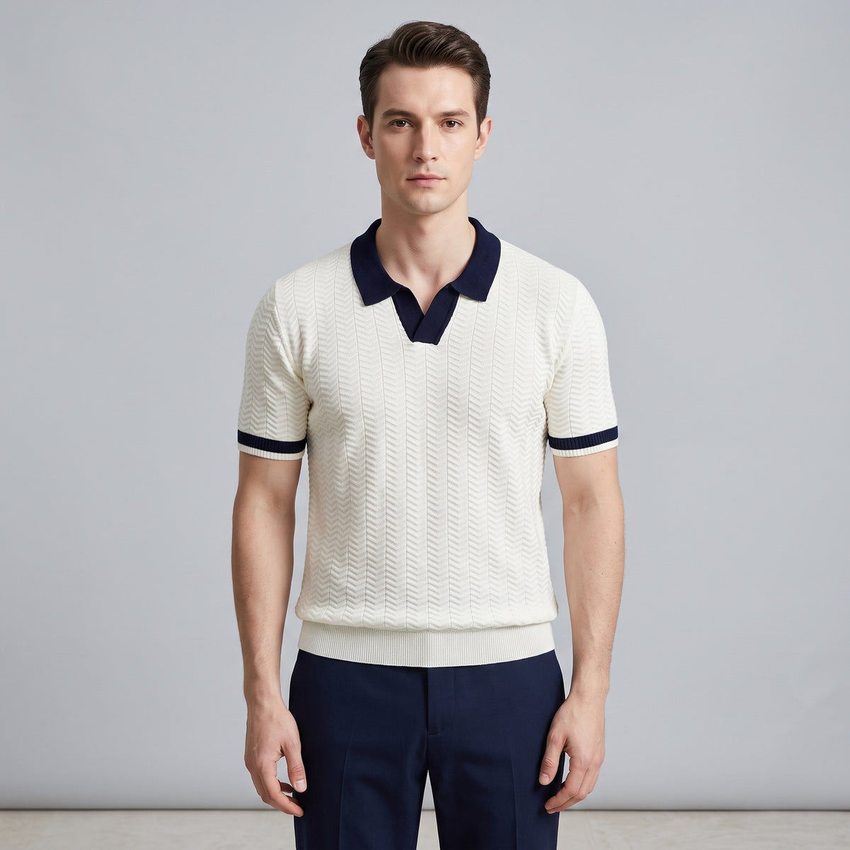 Men's knitted polo with a contrast open collar and zigzag texture - view 8