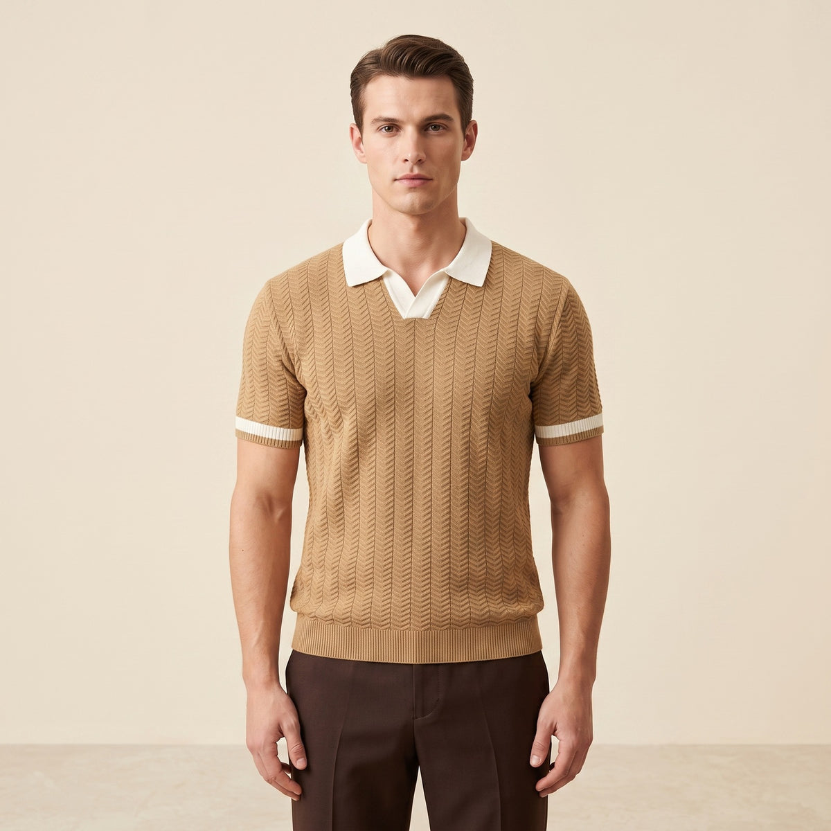 Men's knitted polo with a contrast open collar and zigzag texture - view 9