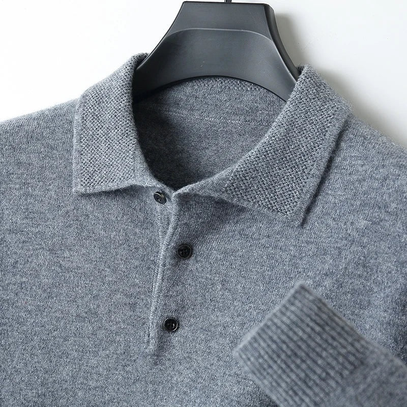 Men's knitted polo jumper with a polo collar and three-button placket - grey