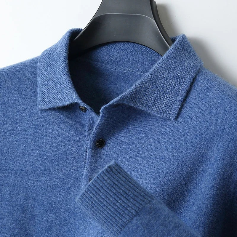 Men's knitted polo jumper with a polo collar and three-button placket - mid blue