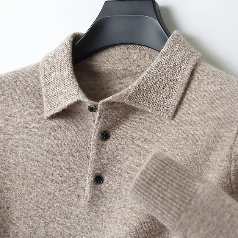 Men's knitted polo jumper with a polo collar and three-button placket - sand