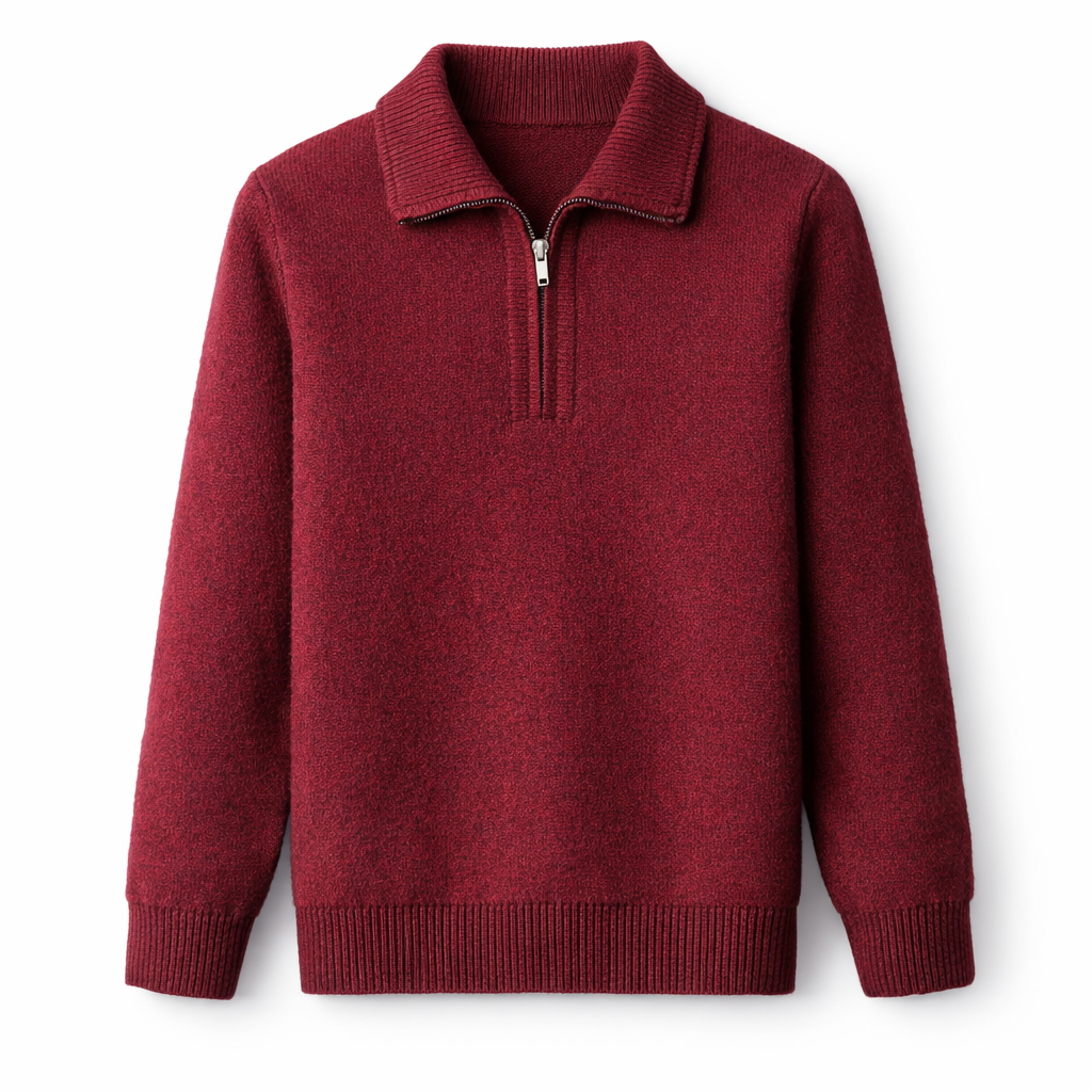 Men's knitted quarter-zip jumper with a shirt collar - wine red
