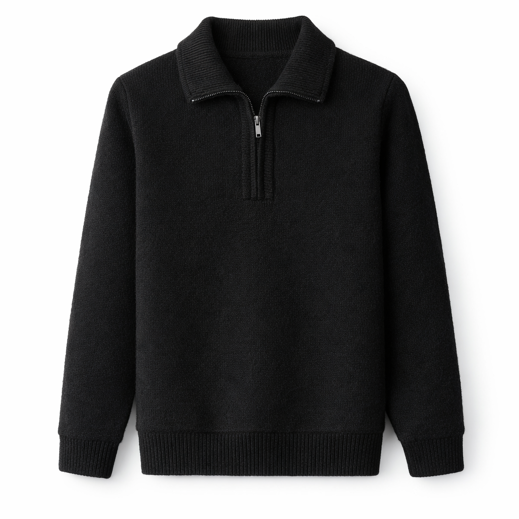 Men's knitted quarter-zip jumper with a shirt collar - black