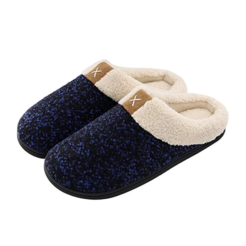 Men's knitted slippers with a teddy collar, open back and rubber sole - blue