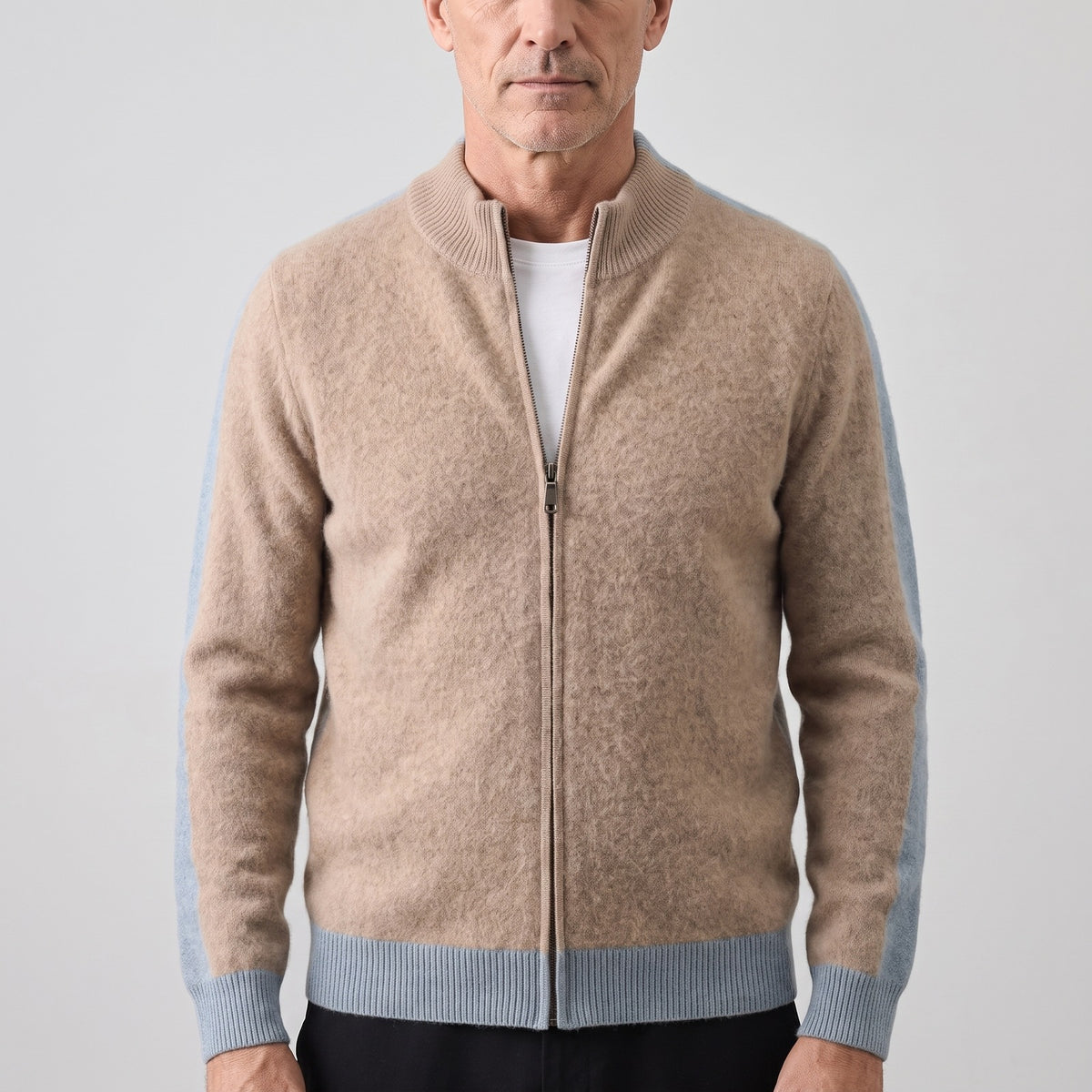 Men's knitted zip cardigan with contrast sleeves - sand beige