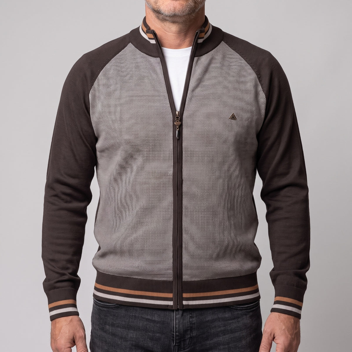 Men's knitted zip-through cardigan with striped trims - brown