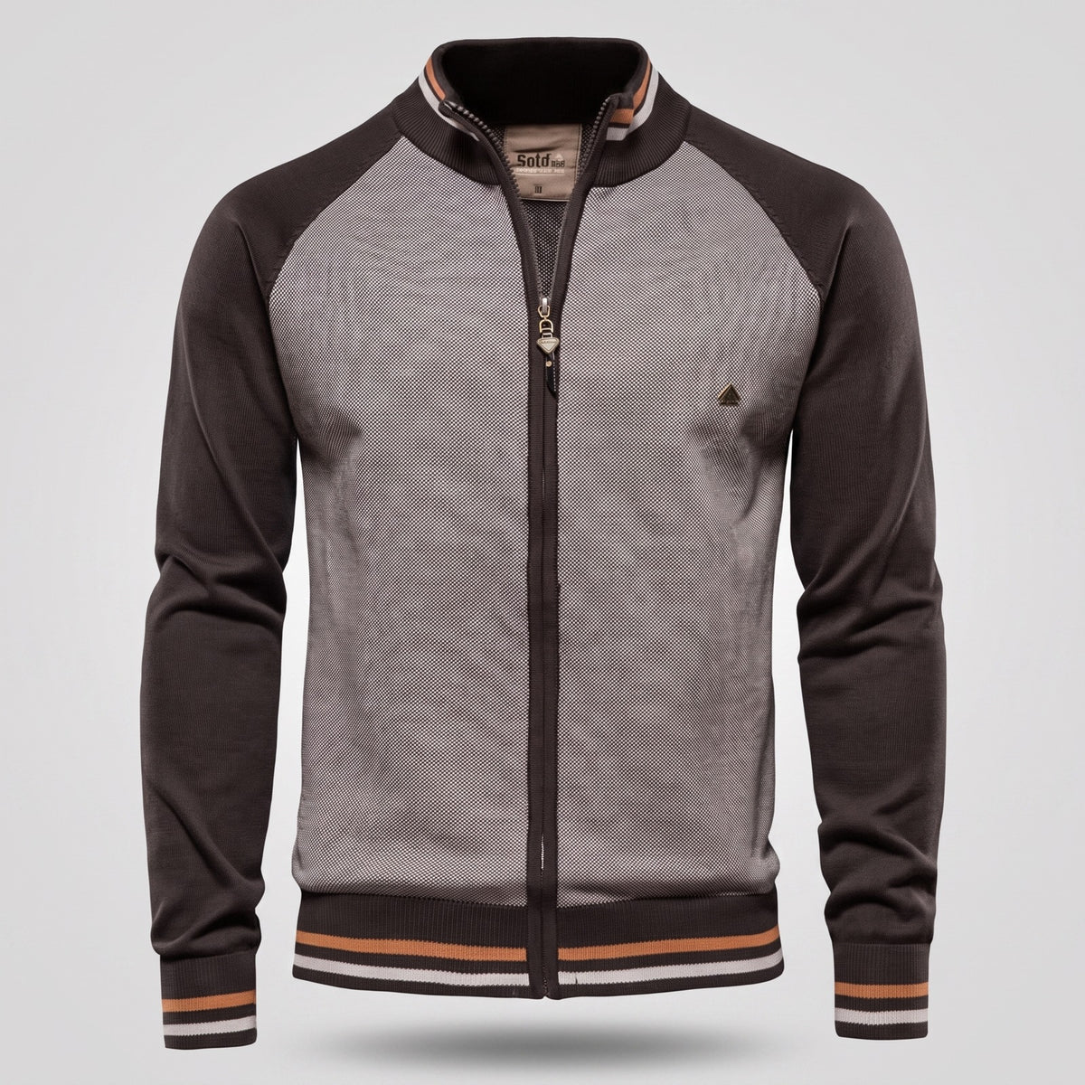 Men's knitted zip-through cardigan with striped trims - brown