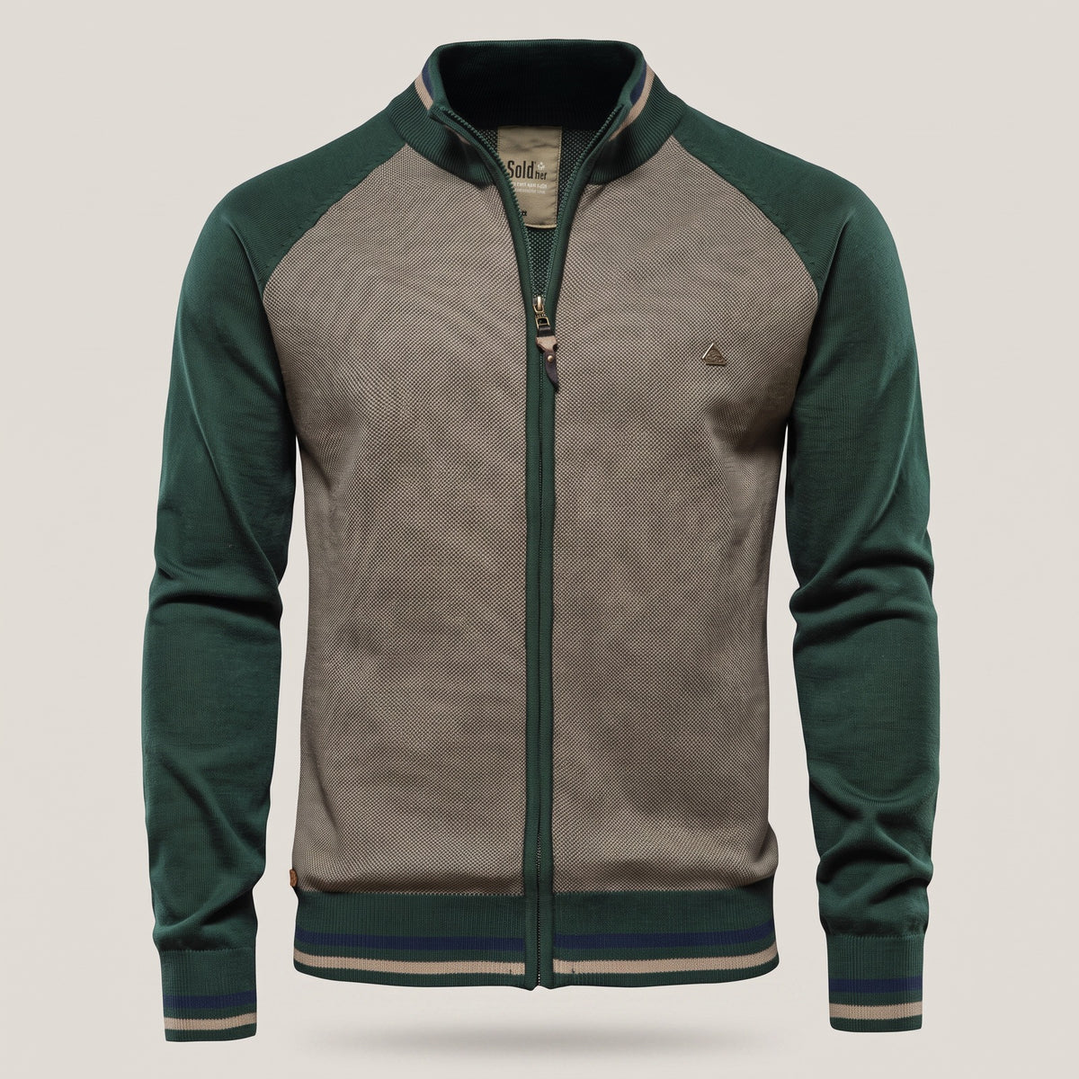 Men's knitted zip-through cardigan with striped trims - green