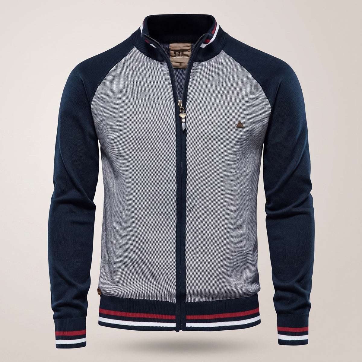 Men's knitted zip-through cardigan with striped trims - navy