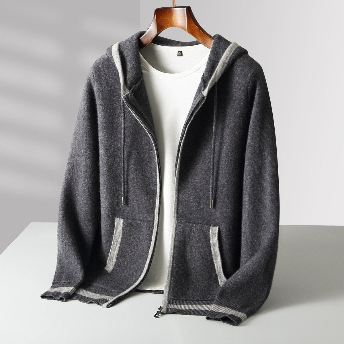 Men's knitted zip hoodie with a drawstring hood and contrast piping - charcoal