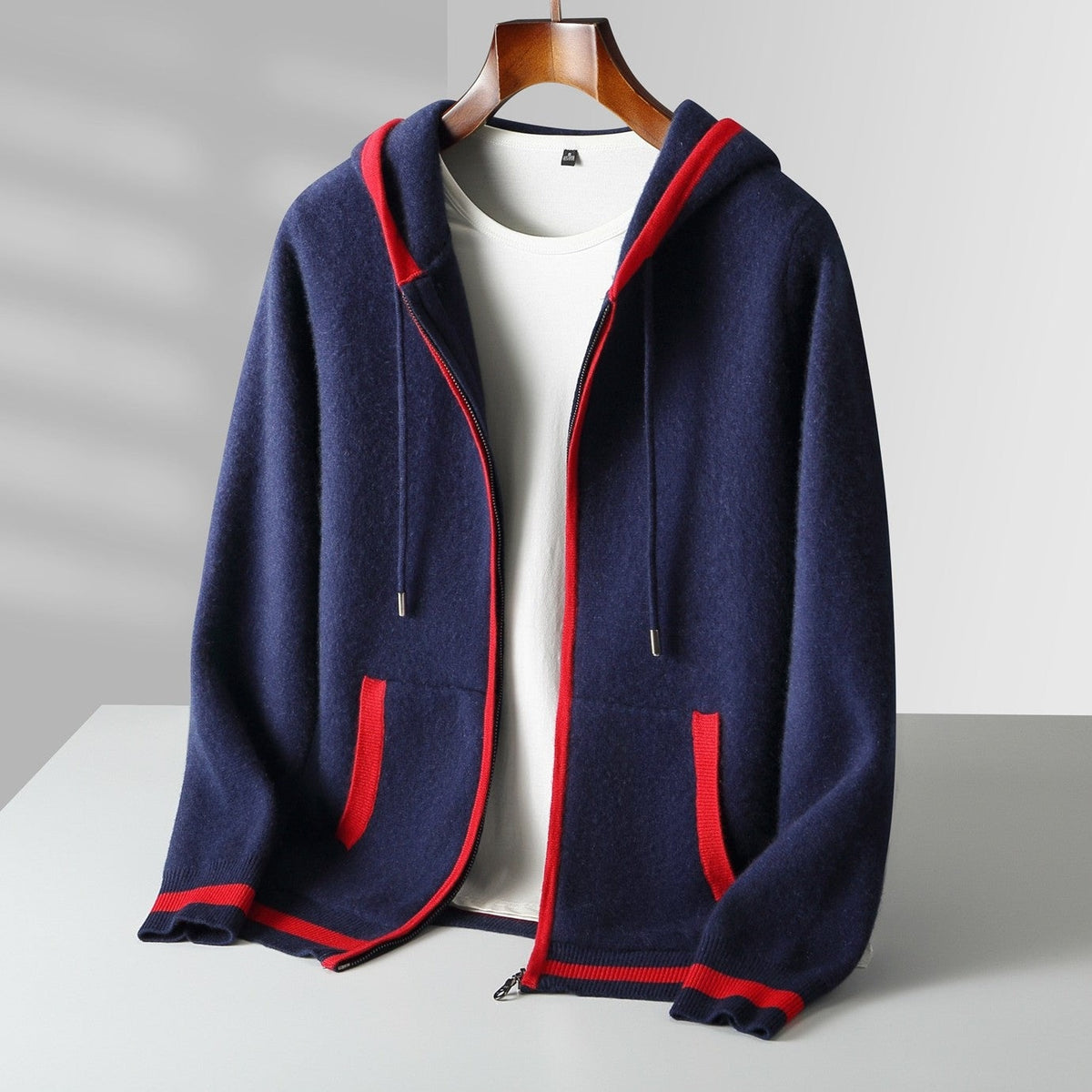Men's knitted zip hoodie with a drawstring hood and contrast piping - navy/red