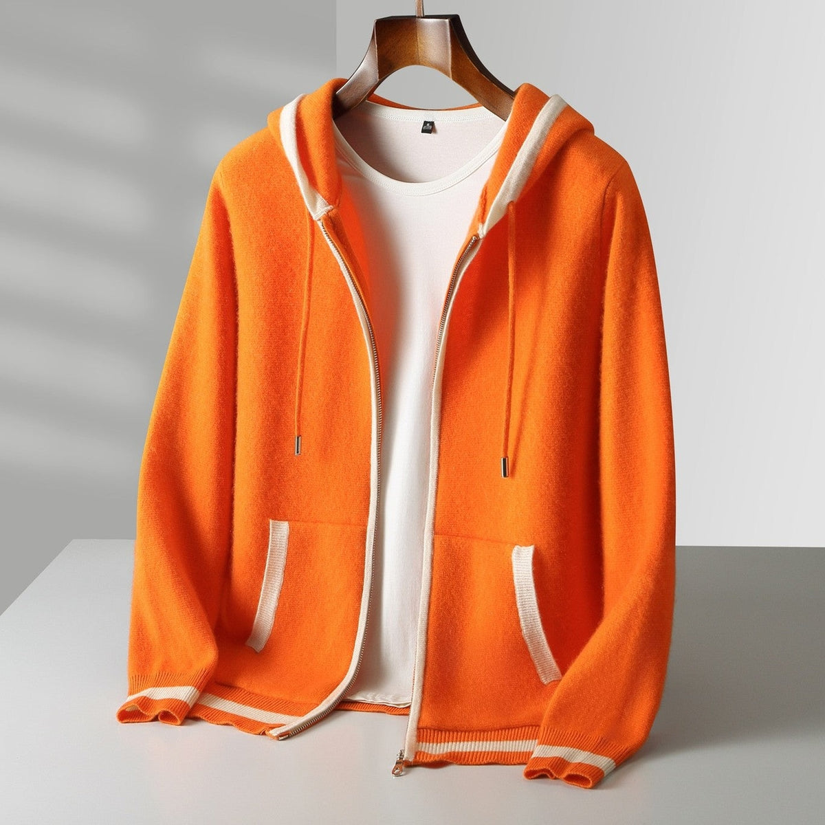 Men's knitted zip hoodie with a drawstring hood and contrast piping - orange