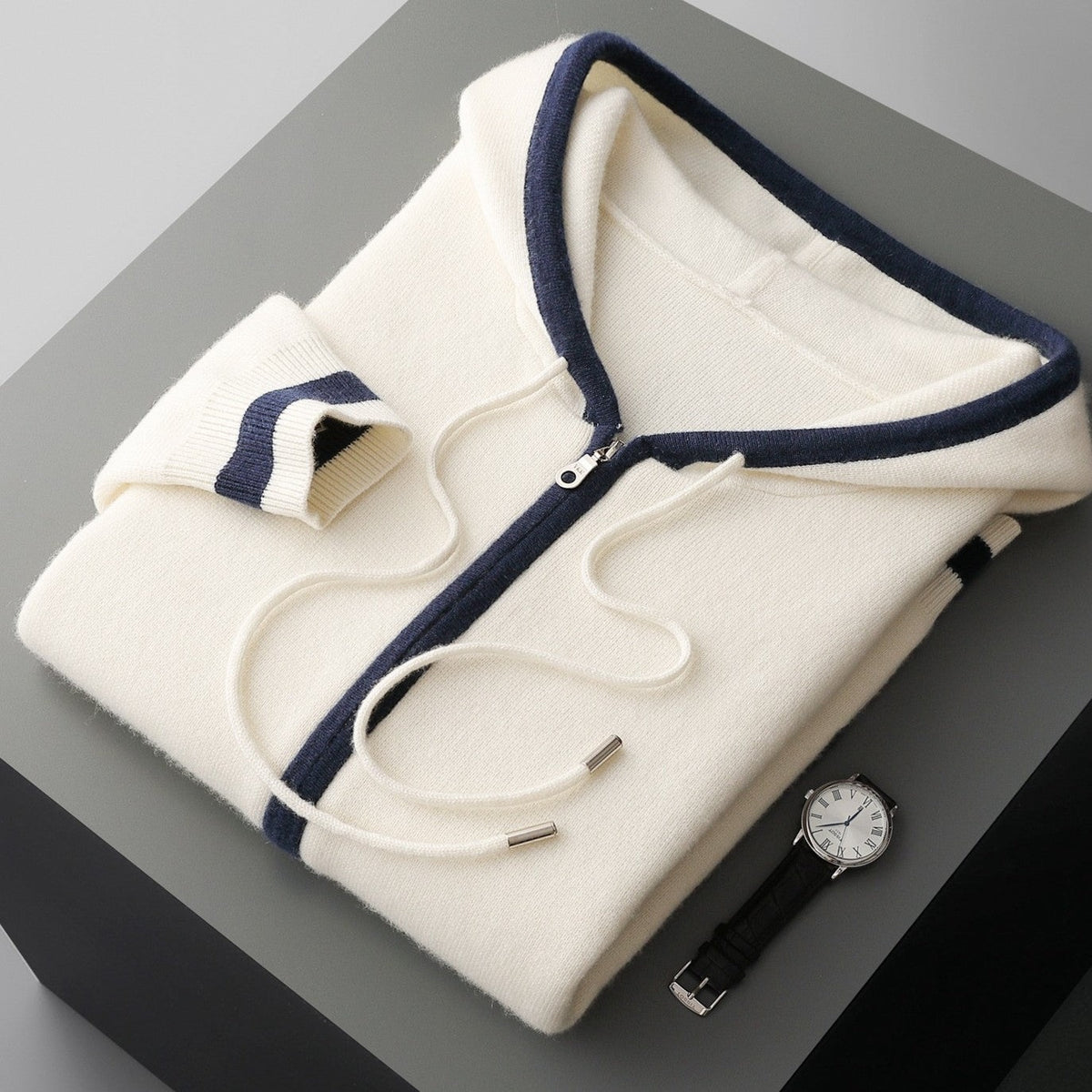 Men's knitted zip hoodie with a drawstring hood and contrast piping - off-white/navy