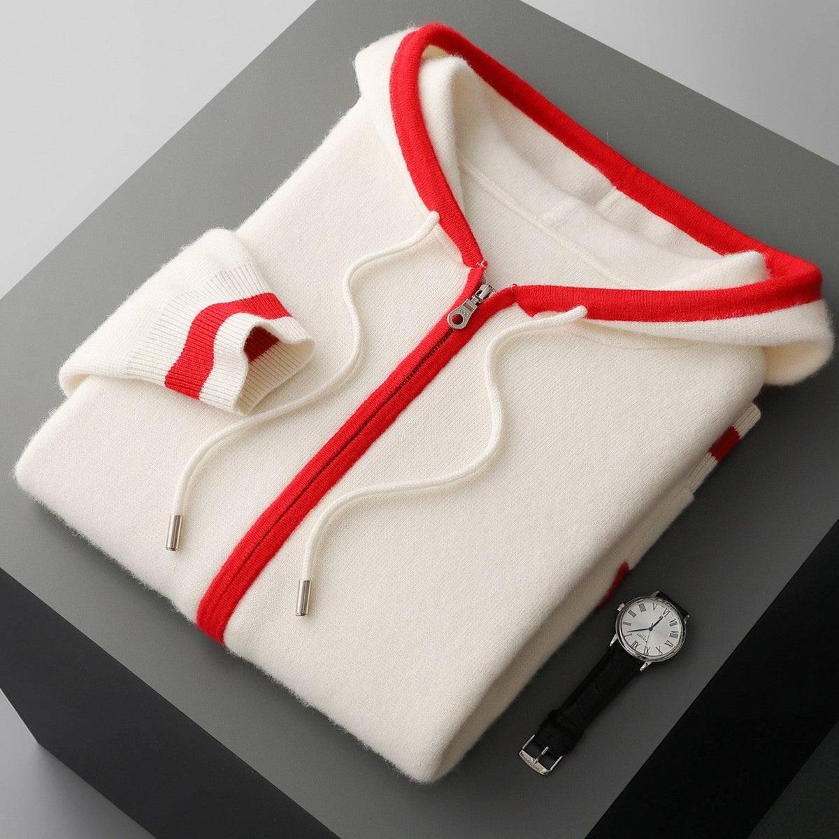 Men's knitted zip hoodie with a drawstring hood and contrast piping - off-white/red