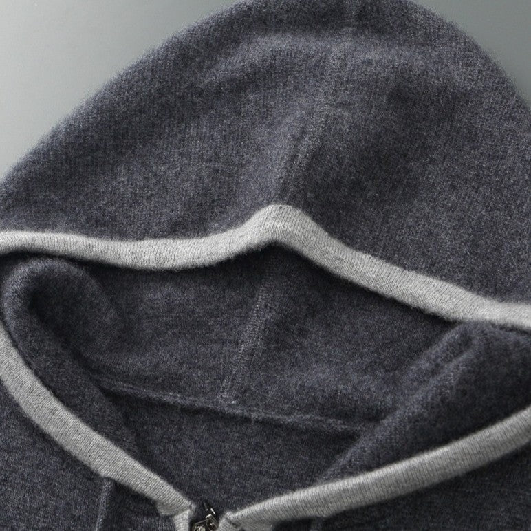 Men's knitted zip hoodie with a drawstring hood and contrast piping - view 9
