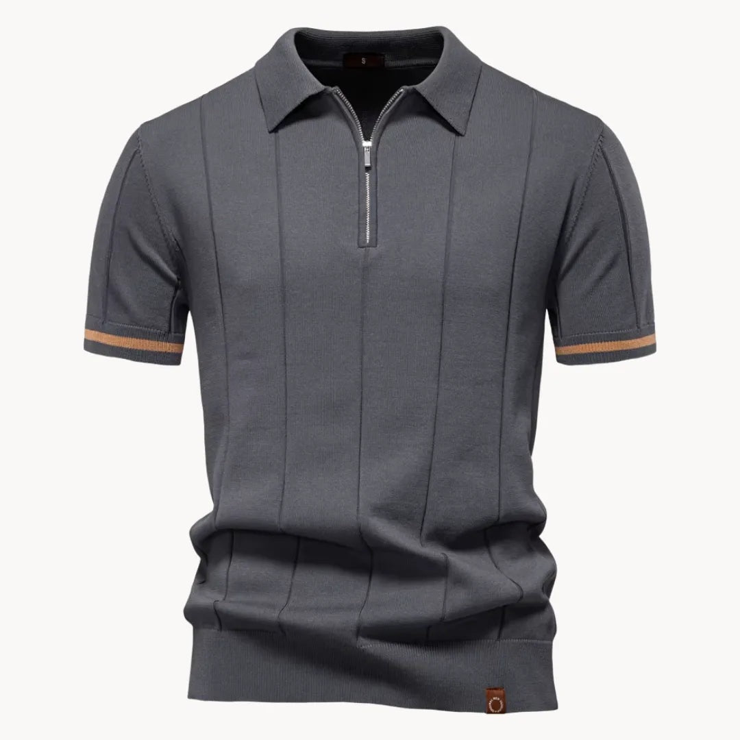 Men's knitted zip polo with tipped sleeves - dark grey