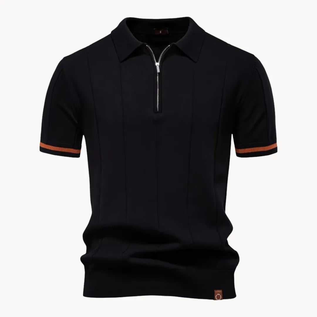 Men's knitted zip polo with tipped sleeves - black