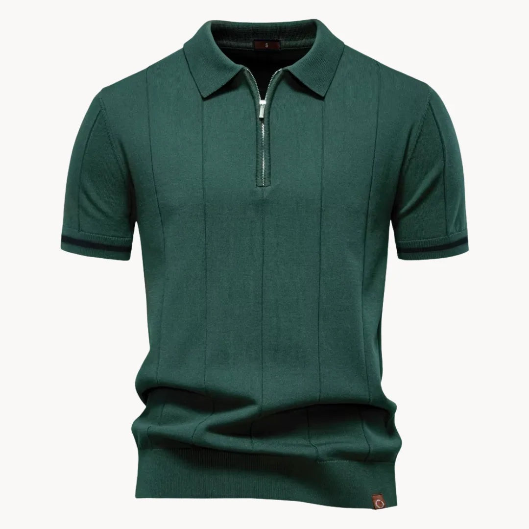Men's knitted zip polo with tipped sleeves - bottle green
