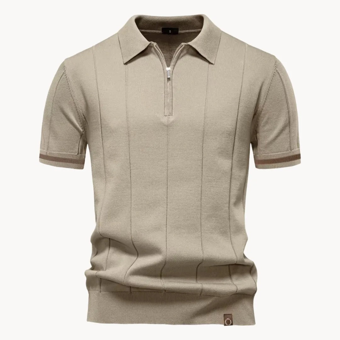 Men's knitted zip polo with tipped sleeves - beige