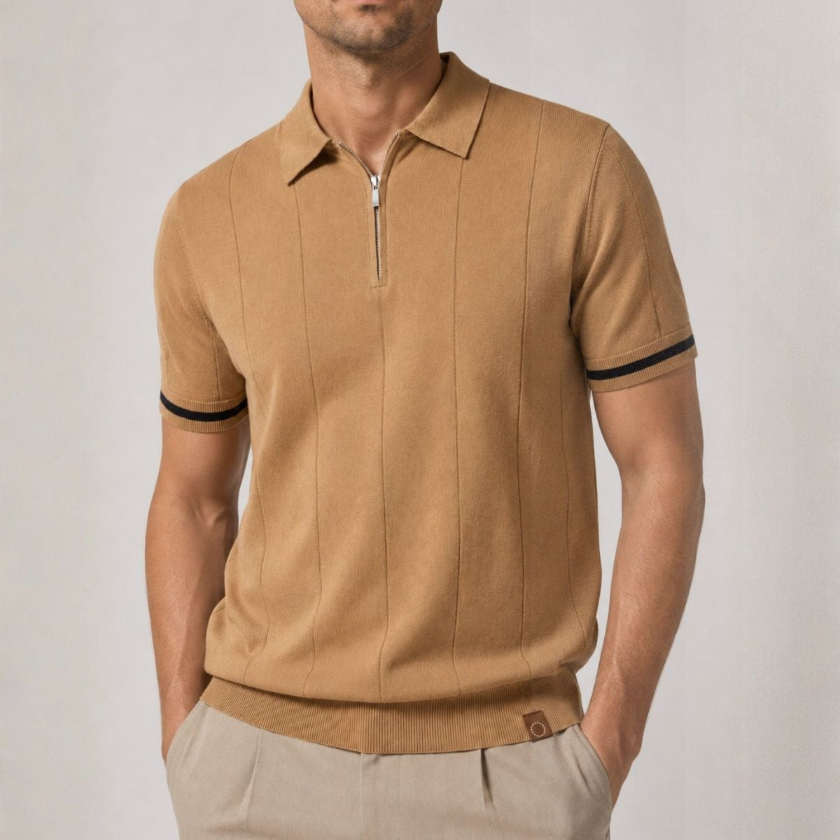 Men's knitted zip polo with tipped sleeves - view 2