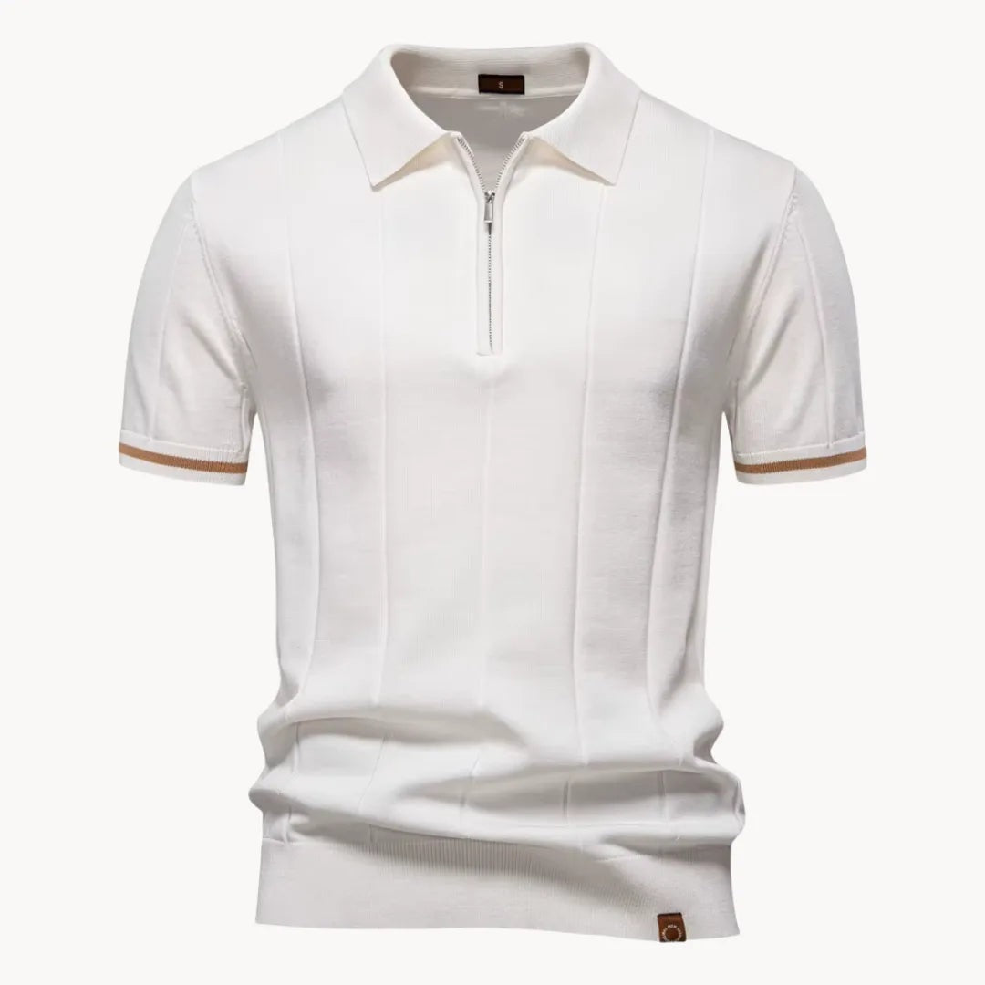 Men's knitted zip polo with tipped sleeves - white