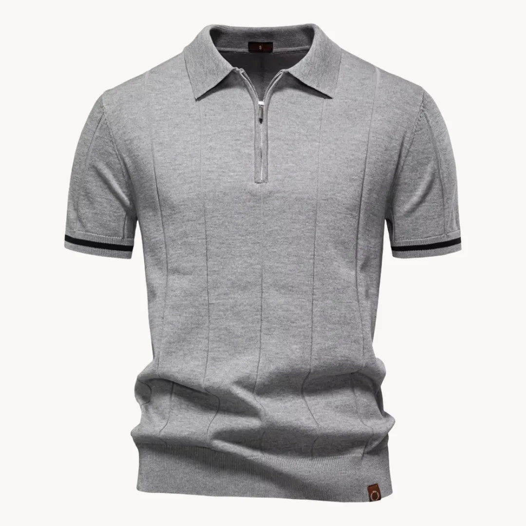 Men's knitted zip polo with tipped sleeves - light grey